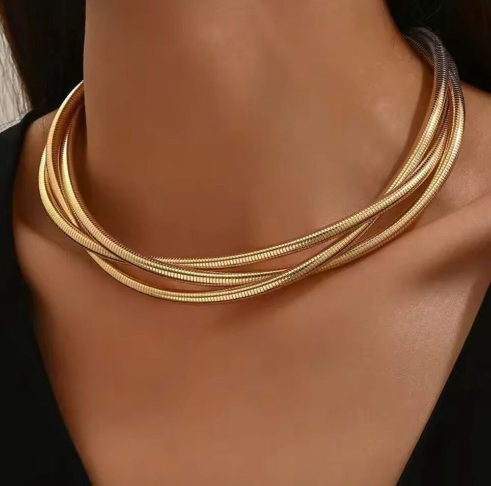Zara Gold Tone Multi-Layer Snake Chain Necklace – Statement Collar Necklace